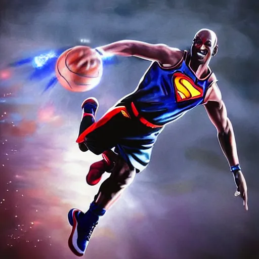 Image similar to “hyperrealistic mixed media high resolution image of michael jordan wearing a superman suit dunking a basketball, stunning 3d render inspired art by István Sándorfi and Greg Rutkowski and Unreal Engine, perfect symmetry, dim volumetric lighting, 8k octane beautifully detailed render, post-processing, extremely hyper-detailed, intricate, epic composition, highly detailed attributes, highly detailed atmosphere, cinematic lighting, masterpiece, trending on artstation, very very detailed, masterpiece, stunning, flawless structure, lifelike texture, perfection,”