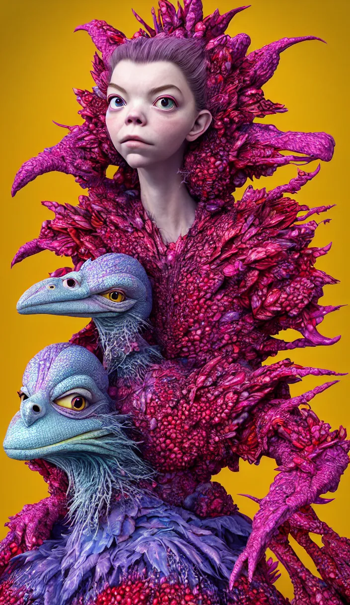 Image similar to hyper detailed 3d render like a Oil painting - kawaii portrait of solitary Aurora (a beautiful skeksis muppet fae queen from dark crystal that looks like Anya Taylor-Joy) seen red carpet photoshoot in UVIVF posing in scaly dress to Eat of the Strangling network of yellowcake aerochrome and milky Fruit and His delicate Hands hold of gossamer polyp blossoms bring iridescent fungal flowers whose spores black the foolish stars by Jacek Yerka, Ilya Kuvshinov, Mariusz Lewandowski, Houdini algorithmic generative render, Abstract brush strokes, Masterpiece, Edward Hopper and James Gilleard, Zdzislaw Beksinski, Mark Ryden, Wolfgang Lettl, hints of Yayoi Kasuma and Dr. Seuss, octane render, 8k