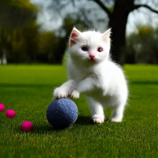 Image similar to a photograph of a white kitten playing with a ball in a park