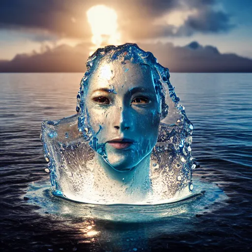 Image similar to water artwork manipulation in the shape of a human head, on the ocean water, ray tracing, realistic water sharp focus, long shot, 8 k resolution, cinematic, abstract water art