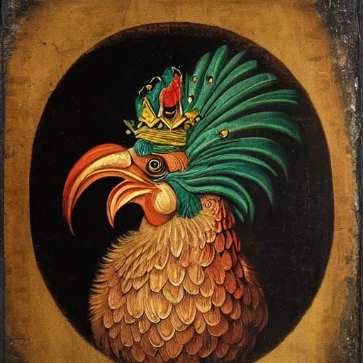 Prompt: a renaissance style portrait of a rooster (Gallus domesticus) wearing a crown and a cape, dark background