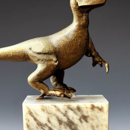 Image similar to antique 1930s France art deco. bronze figurine of a dinosaur dancing. on marble base. by Briand Marcel Bouraine. 30cm. high detail photograph. studio