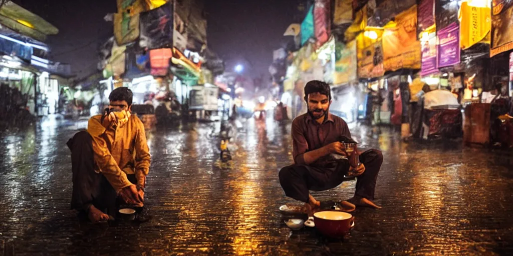 Prompt: man drinking tea during a rainy night in a busy street in lahore