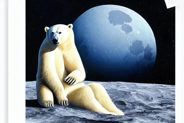 Image similar to a polar bear sitting on the moon by barclay shaw, portrait,