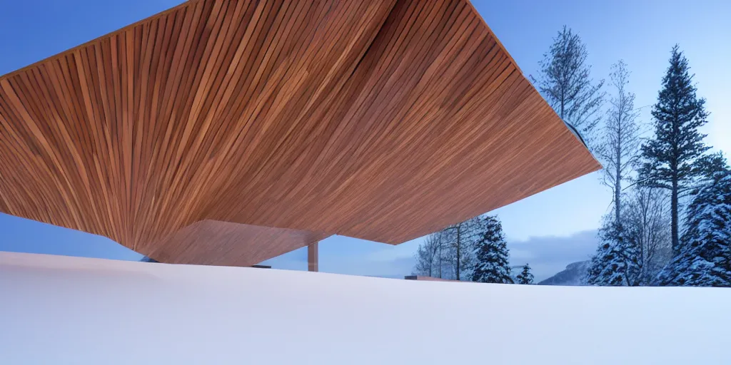 Image similar to faceted roof planes lift and descend creating shade and architectural expression, highly detailed, situated in snow, vivid color