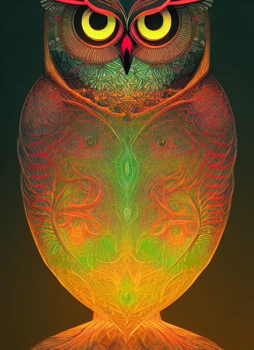 Image similar to symmetry!! product render poster vivid colors divine proportion owl, forest, glowing fog intricate, elegant, highly detailed, digital painting, artstation, concept art, smooth, sharp focus, illustration,