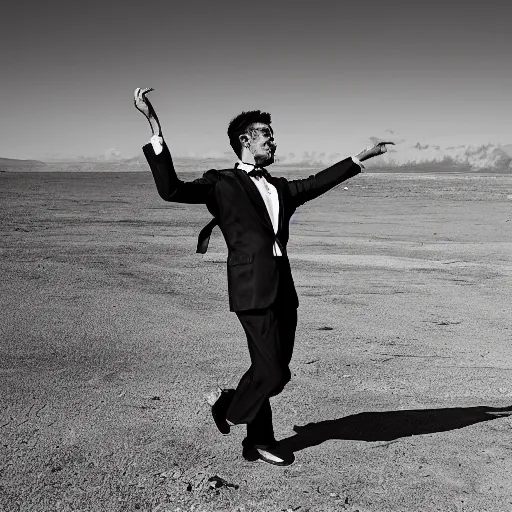 Prompt: photograph of a man dancing at the end of the world