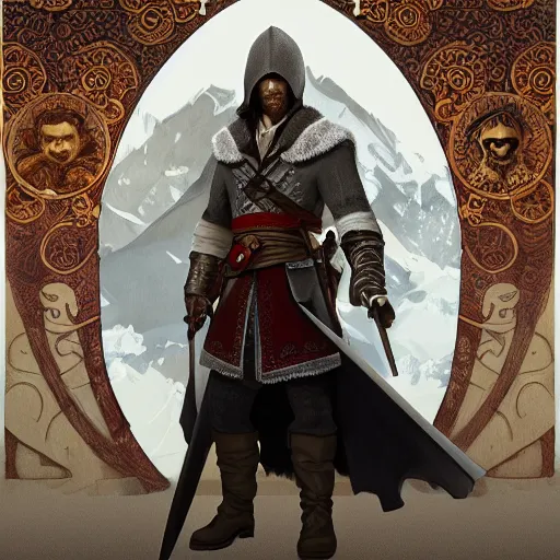 Image similar to an ultra detailed vector image of bob ross dressed as ezio auditore, concept art by alphonse mucha and greg rutkowski, praise the blood moon, octane render