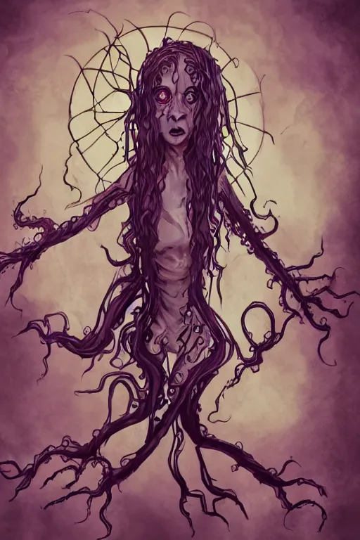 Prompt: biblically accurate lovecraftian girl, studio gainax illustration, multiple limbs, scary, threatening, dark lineart