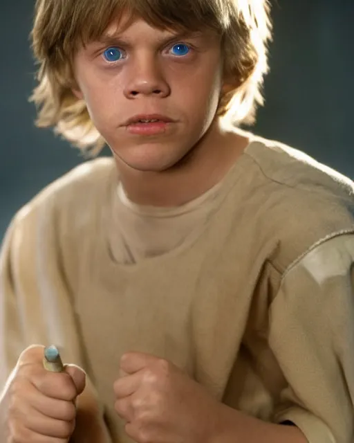 Prompt: very low angle high quality hyper realistic portrait of young mark hamill portraying young luke skywalker, dark dramatic lighting, portrait realistic and insanely detailed, great composition, 8 k