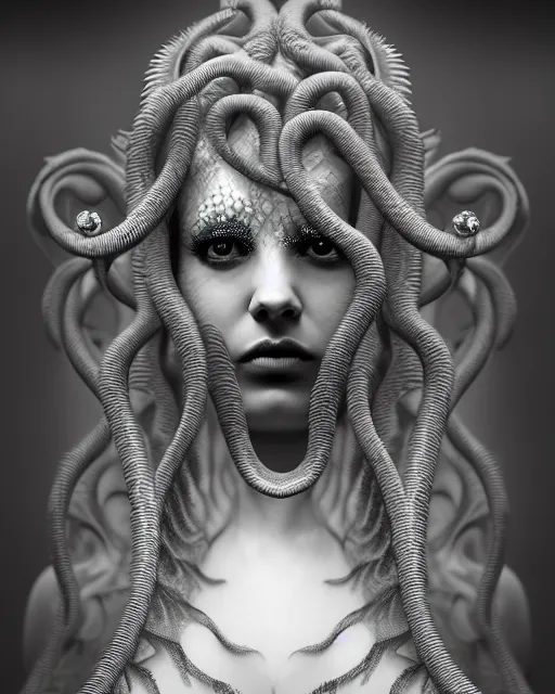 Image similar to surreal mythical dreamy underwater artistic black and white 3 d render of a translucent beautiful young female angelic - medusa - vegetal - doll with her face covered with fish scales, highly detailed, intricate crystal ivy jelly fish scales ornate, poetic, translucent algae ornate, digital art, octane render, 8 k artistic photography, photo - realistic, hg giger flora borsi