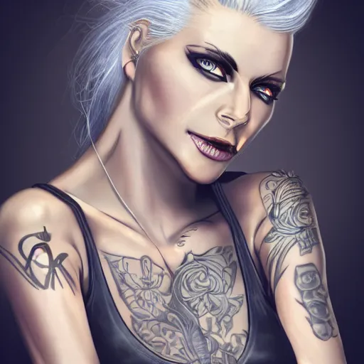 Prompt: Hot young woman, winking, grey skinned, void eyeballs, white hair, tattoos, wearing leather jacket and wifebeater tank top, digital art, concept art, 4k,