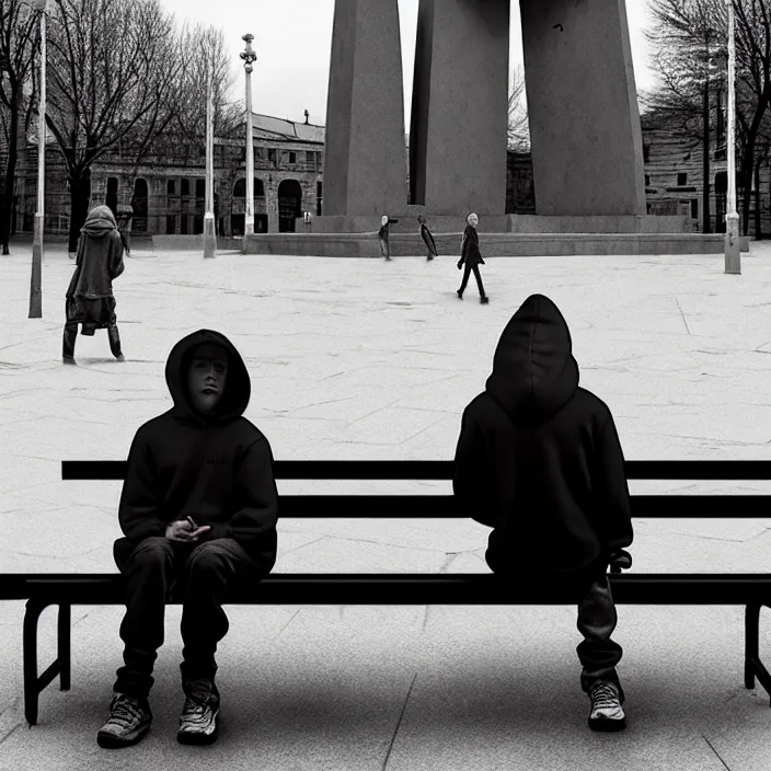 Image similar to sadie sink in hoodie sat on bench in ruined square, pedestrians walk by. background of old soviet monument and pedestrians. storyboard, scifi cyberpunk. by gabriel hardman, joe alves, chris bonura. cinematic atmosphere, detailed and intricate, perfect anatomy