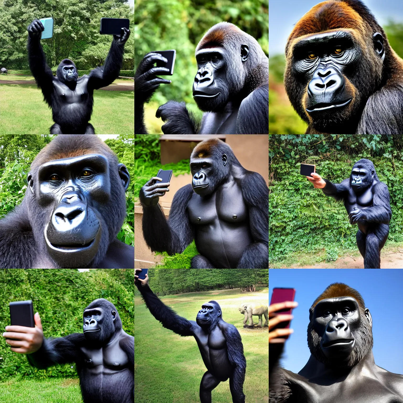 Prompt: gorilla taking a selfie, gold statue