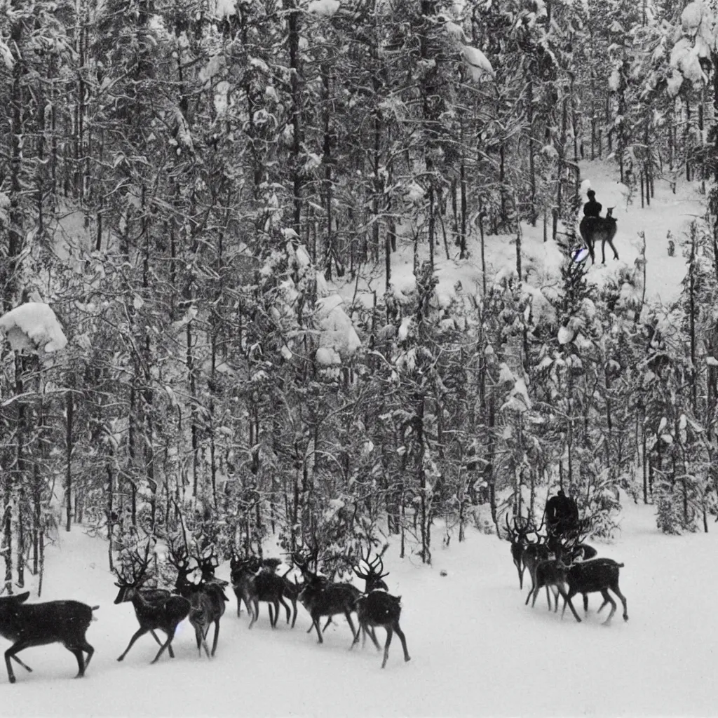 Prompt: world's first photo of man herding reindeer while driving a snowmobile, spruce forest surroundings, mildly snowy atmosphere, cold, winter, 1 9 2 3, finland