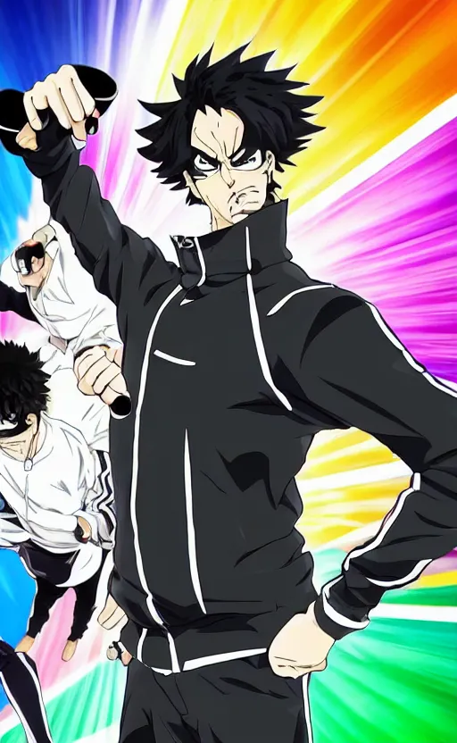 Image similar to Angry man in black Adidas tracksuit in JoJo's bizarre adventure anime style