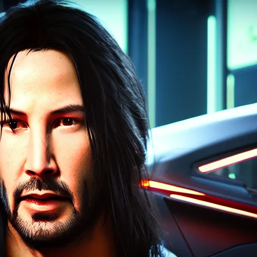 Image similar to young Keanu Reeves portrait, Cyberpunk 2077, photorealistic, ultra detailed, cybernetic body, neon, octane, bokeh, 8k