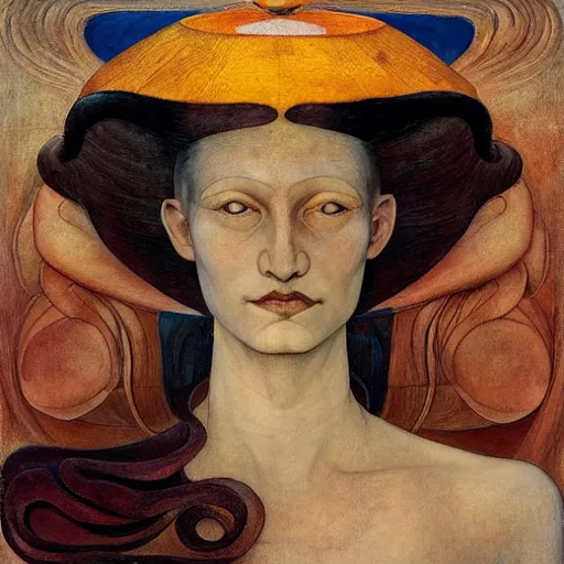 Prompt: the little android queen, by annie swynnerton and diego rivera and elihu vedder and lucien freud and jean delville, symbolist, dramatic lighting, elaborate geometric ornament, head and shoulders view, art brut, soft cool colors, smooth, sharp focus, extremely detailed, adolf wolfli, leo and diane dillon, nicholas roerich