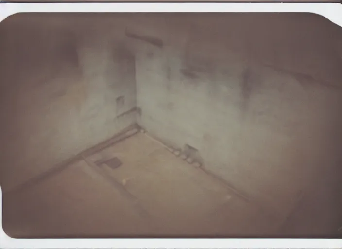 Image similar to looking down into a super deep concrete structure, foggy, megalophobia, old polaroid, expired film,