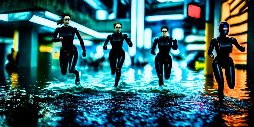 Prompt: cinestill 5 0 d candid photographic portrait by stanley kubrick of female androids sprinting wearing rugged black mesh techwear in treacherous waters, flooded city, medium closeup, retrofuturism cyberpunk moody emotional cinematic, pouring iridescent rain bright spotlight helicopter, 8 k, hd, high resolution, 3 5 mm, f / 3 2 motion blur, ultra realistic faces, ex machina