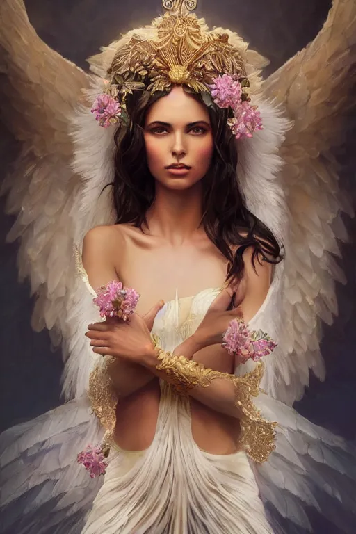 Image similar to expressive full body photo of sophia lauren as beautiful angel, smooth glowing skin, ornate headpiece made from flowers, glamour shot, by karol bak, by greg rutkowski, by artgerm, octane render, unreal engine, photorealistic, canon r 3, fashion photography