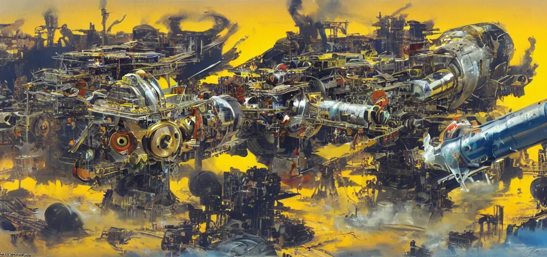 Image similar to a hypercomplex ray-gun gauss-cannon with numerous gadgets and doodads painted by john berkey and dr seuss