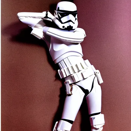 Prompt: female supermodel with stormtrooper helmet and white bikini, style of 8 0 s movie poster