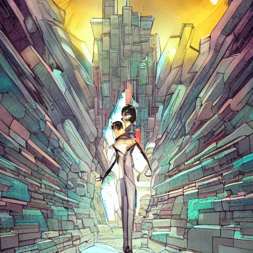 Prompt: comic book cover of a android looking up at a temple made of crystal by Dustin Nguyen, artstation, professionally illustrated