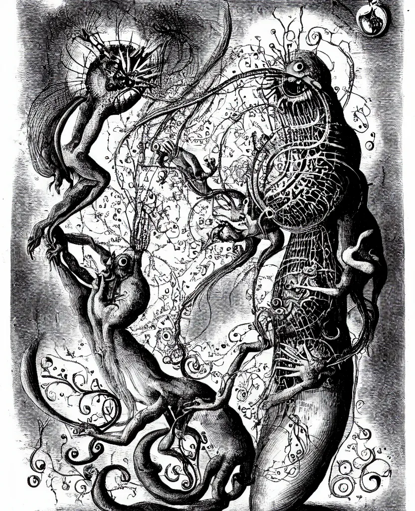 Image similar to whimsical freaky creature sings a unique canto about'as above so below'being ignited by the spirit of haeckel and robert fludd, breakthrough is iminent, glory be to the magic within