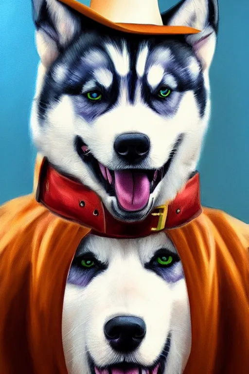 Image similar to a [ portrait painting ] of a husky in cowboy costume in the style of anime, [ character design ], [ a fistful of dollars ], [ per un pugno di dollari ], humanoid, personify, anthropomorphic, treniding on artstation
