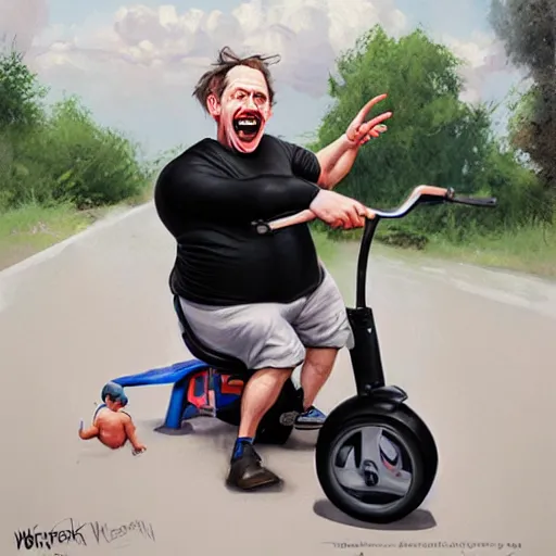 Image similar to hyper realistic absurd, silly, making faces, obese steve buscemi riding a tiny tricycle, painted by greg rutkowski, wlop, artgerm