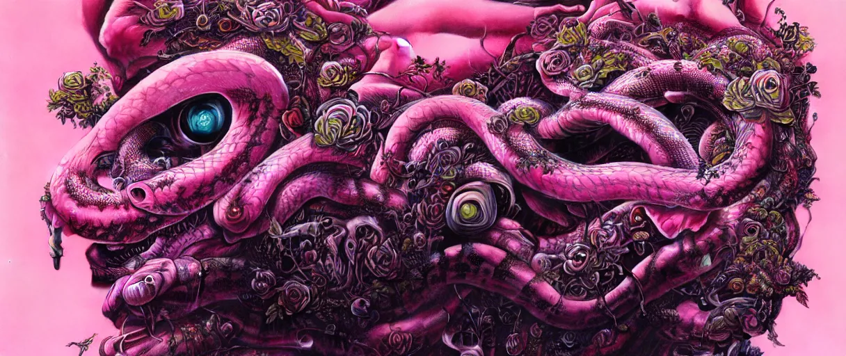 Image similar to hyperrealistic hyper detailed neo-surreal 35mm portrait of cyborg snake covered in gothic flowers matte painting concept art hannah yata dali very dramatic dark pink lighting low angle hd 8k sharp shallow depth of field