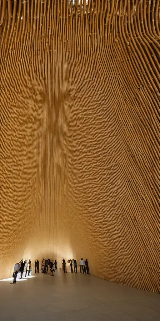 Prompt: inside small pavilion made of bamboo. complex curved vaulting structure. a large crowd at a party. tadao ando, 4 k, 8 k. volumetric lighting.