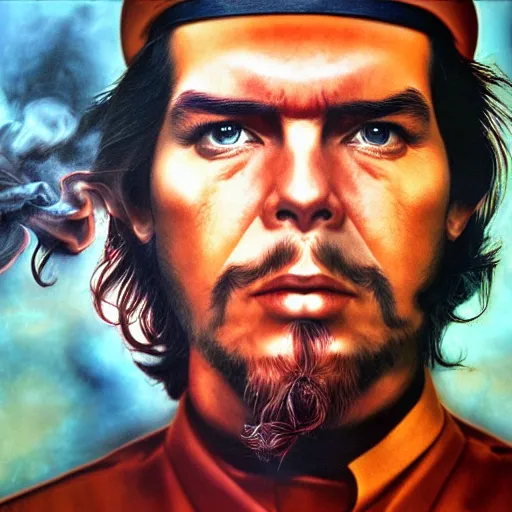 Image similar to colour masterpiece surreal closeup portrait photography of che guevara by miho hirano and annie leibovitz and michael cheval, psychedelic smoke background, 8 k