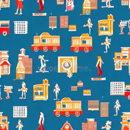 Prompt: fashion house hermes repeating pattern featuring cities and people vector illustration in style of anime realistic uhd 8 k