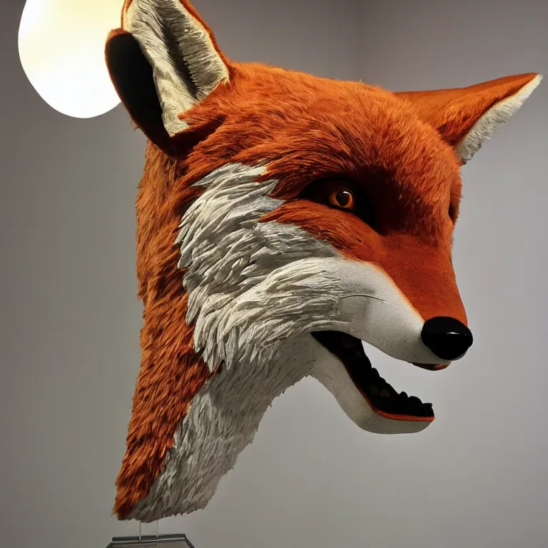 Prompt: hyperrealistic sculpture of a giant fox head on a pedestal by ron mueck and duane hanson and damien hirst, hyperrealistic dramatic lighting trending on artstation 8 k