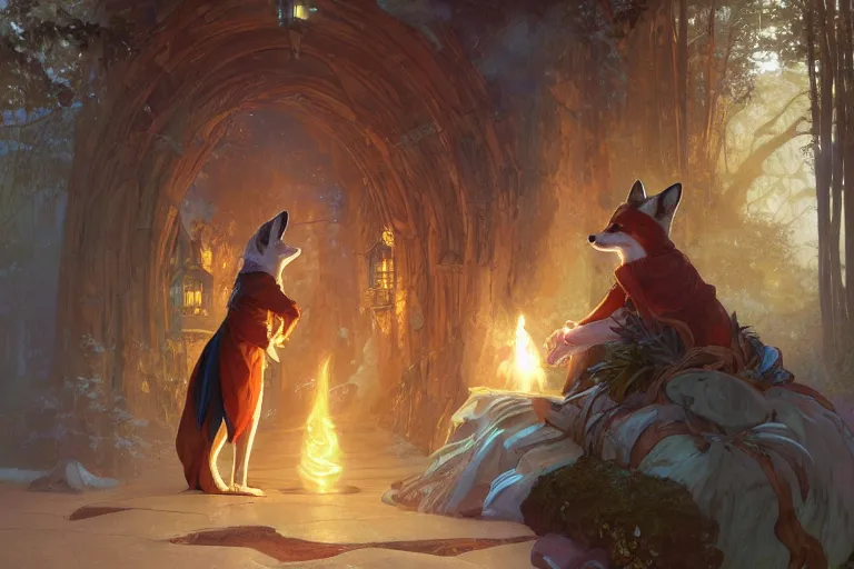 Prompt: an anthropomorphic fox wizard wearing long flowing robes teaches his apprentice a new magical spell in front of a magical gateway to another universe, illustration by greg rutkowski, thomas kindkade, alphonse mucha, loish, norman rockwell, artstation, furaffinity