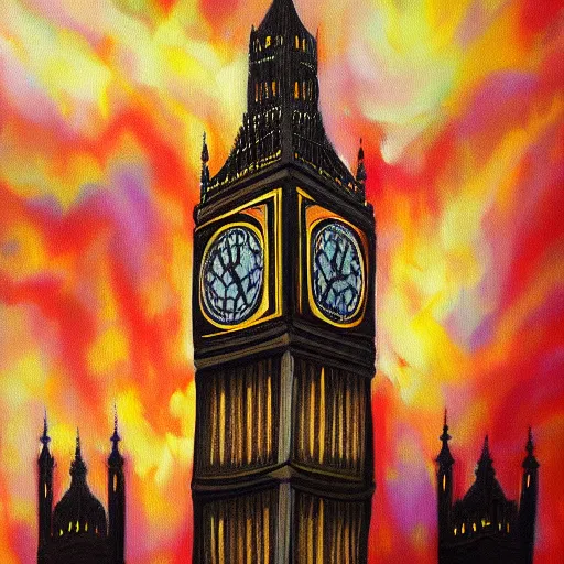 Prompt: detailed, soft, dynamic painting of the Big Ben in flames, burning, arson, professional painting, at dusk