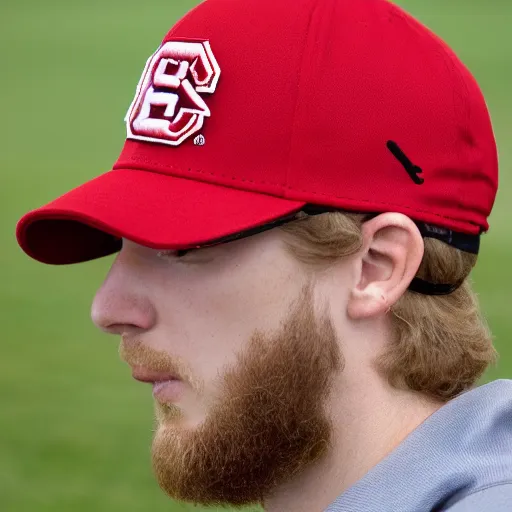 Prompt: tall white guy with a short blonde beard red nc state baseball hat and red shirt