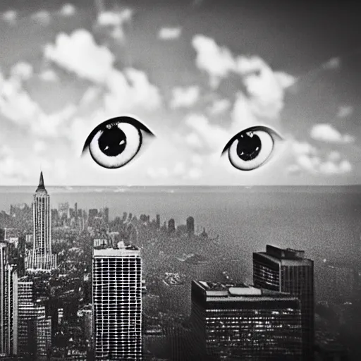 Image similar to a print of three realistic eyes floating in the sky over a city, high contrast, low key, black and white, vintage poster, film grain