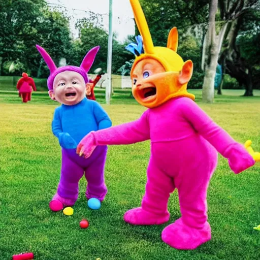 Image similar to a couple of grandparents playing kids games and wearing teletubbies costumes