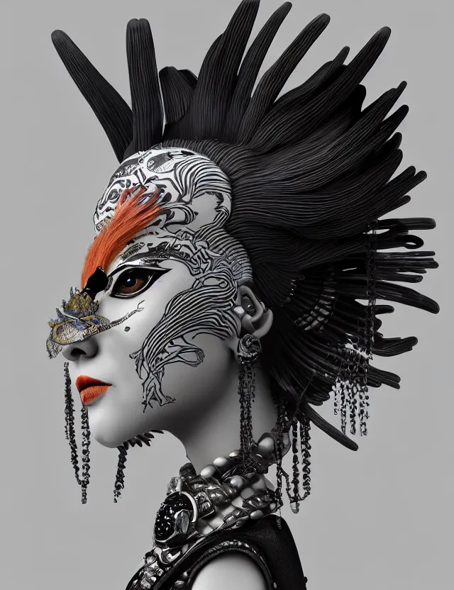 Image similar to 3 d goddess close - up profile portrait punk with mohawk with ram skull. beautiful intricately detailed japanese crow kitsune mask and clasical japanese kimono. betta fish, jellyfish phoenix, bio luminescent, plasma, ice, water, wind, creature, artwork by tooth wu and wlop and beeple and greg rutkowski