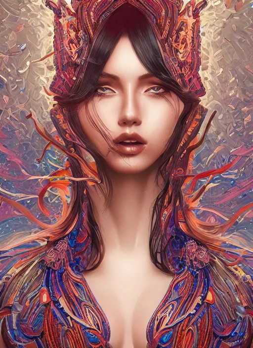 Image similar to portrait of psychedelic woman surrounded by iron scales by Artgerm, highly detailed, trending on artstation