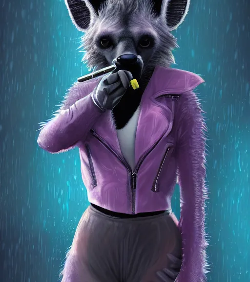 Image similar to digital painting of anthromorphic hyena female smoking cigarrete, fursona, furry fandom, furaffinity, neon rainy cyberpunk setting, anthro, wearing cyberpunk leather jacket, detailed face, blade runner, zootopia style,