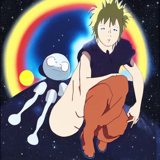 Image similar to Spirited away dark blonde guy with blue eyes in space