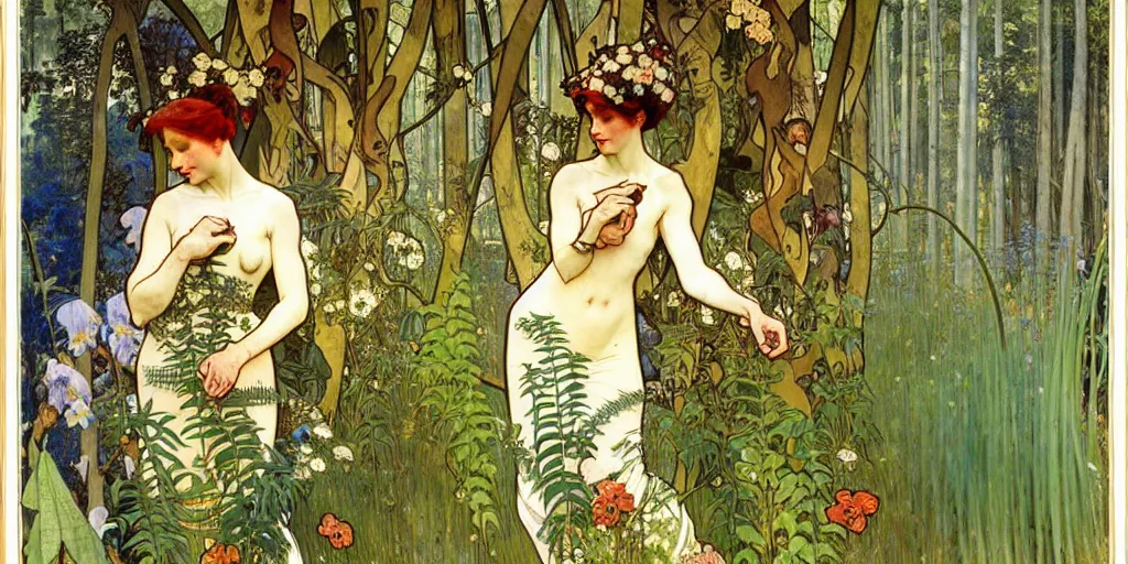 Image similar to a beautiful painting of wild animals in the woods with vines and ferns and flowers, painted by carl larsson and alphonse mucha