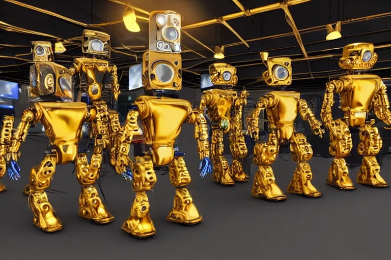 Image similar to a queue of 7 golden and blue metal humanoid steampunk robots dancing inside a television studio from americas got talent, robots are wearing and gears and tubes, eyes are glowing red lightbulbs, shiny crisp finish, 3 d render, 8 k, insaneley detailed, fluorescent colors, nightlight