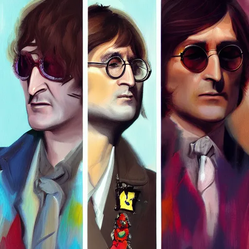 Image similar to john Lennon fashion, gucci catwalk, oil painting, digital art, ultradetailed, artstation