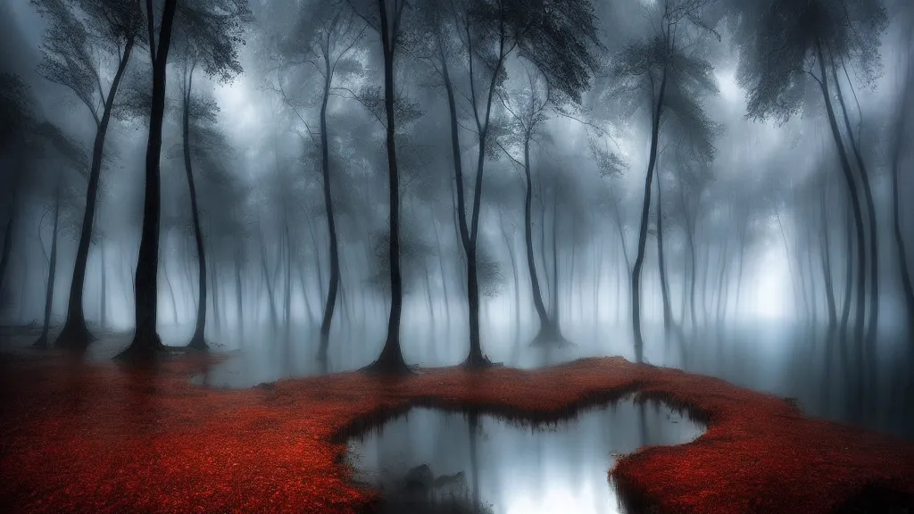 Image similar to amazing landscape photo of a dark forest of despair and misery with lake by marc adamus, beautiful dramatic lighting