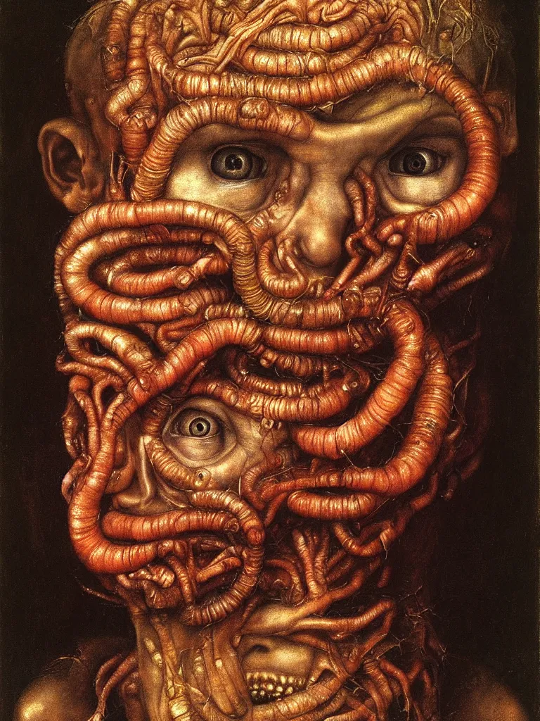 Prompt: a boy made of worms, looking straight into camera, by giuseppe arcimboldo and ambrosius benson, renaissance, a touch of beksinski and hr giger and edward munch, realistic